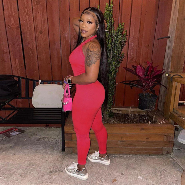 Women's New Sexy Low Chest Hanging Neck Open Back High Waist Tight Sports One Piece Pants