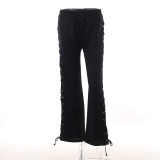 Street Versatile Slim Fit Side Split Strap Hollow Wide Leg Pants