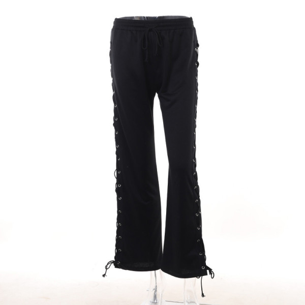Street Versatile Slim Fit Side Split Strap Hollow Wide Leg Pants