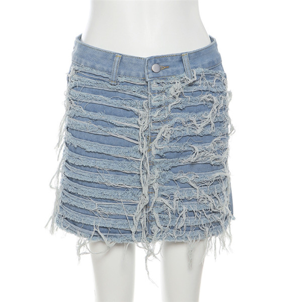 Fashionable Street Spicy Girl Sexy Wrapped Hip Fringe Fringe Denim Skirt