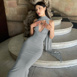 Slim fitting niche design with aesthetic style long skirt collar hanging neck open back dress