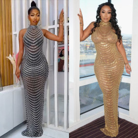 Sexy Mesh Perspective Nightclub Hot Diamond Dress Girl