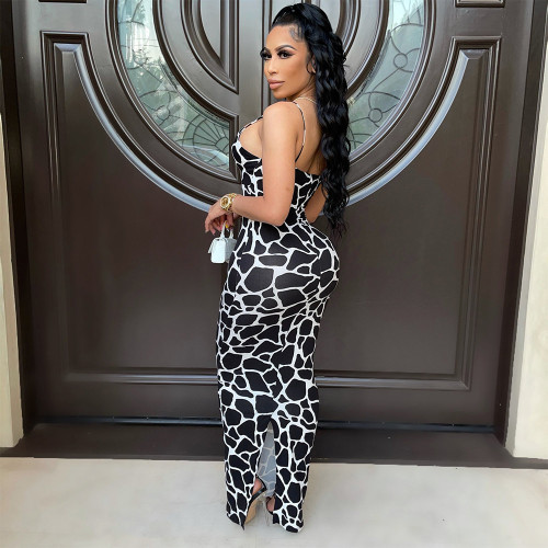 Fashion and Sexy V-Neck Strap Dress Digital Printed Women's Long Dress
