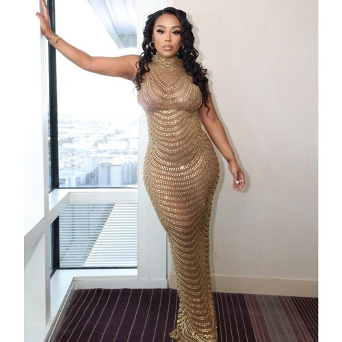 Sexy Mesh Perspective Nightclub Hot Diamond Dress Girl