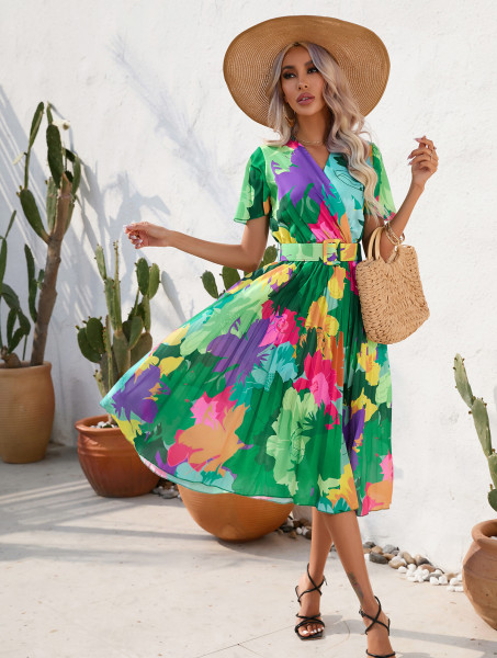 Summer floral print wrinkled short sleeved dress
