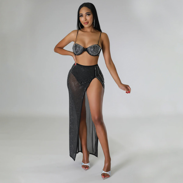Sexy mesh hot diamond nightclub dress two-piece set