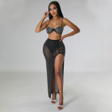 Sexy mesh hot diamond nightclub dress two-piece set