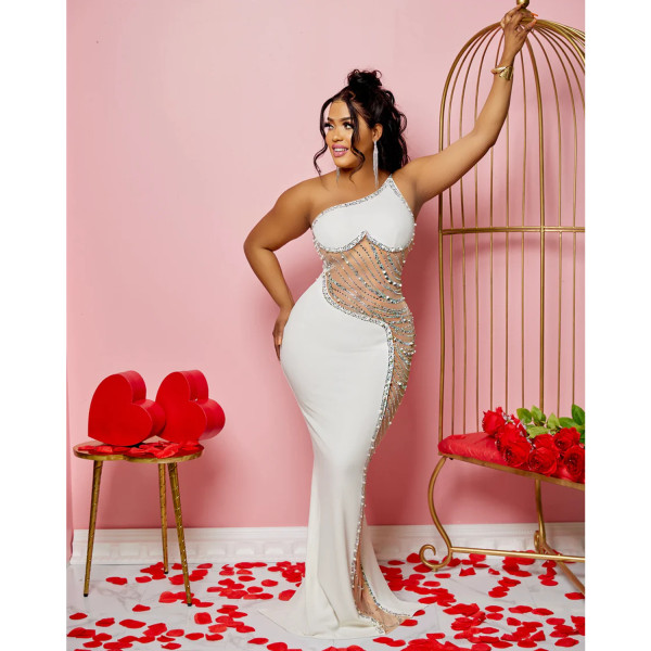 Sexy Mesh Perspective Hot Diamond Strap Long Dress