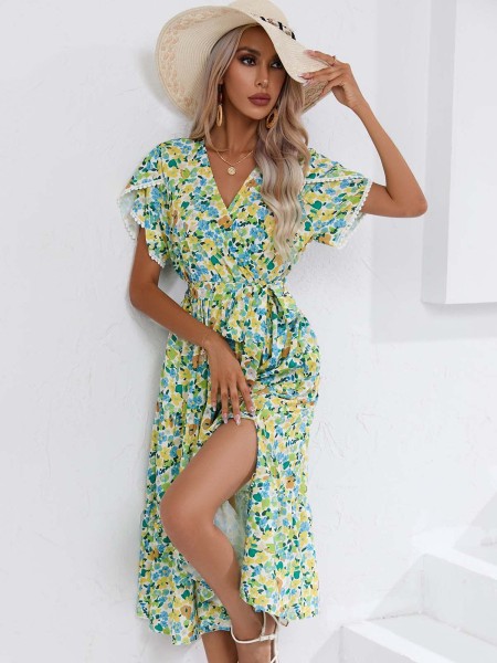 Dress Summer Small Flower Split V-Neck Dress