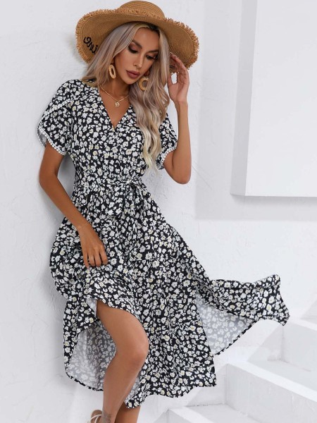Dress Summer Small Flower Split V-Neck Dress