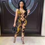 Sexy Women's Mesh Printing Perspective Hollow Out Swimwear Dress Women's Three Piece Set