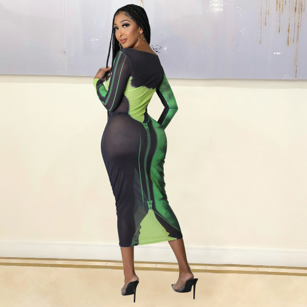 Fashionable and sexy mesh printed long sleeved medium length women's dress
