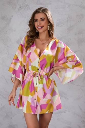 Summer Leaf Print 3/4 Sleeve Dress