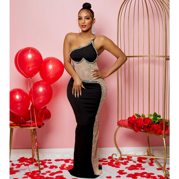 Sexy Mesh Perspective Hot Diamond Strap Long Dress