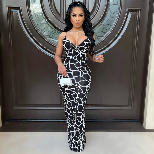 Fashion and Sexy V-Neck Strap Dress Digital Printed Women's Long Dress