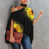 Printed Sexy Slant Neck Loose Top