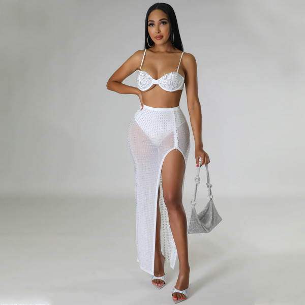 Sexy mesh hot diamond nightclub dress two-piece set