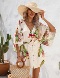 Summer Leaf Print 3/4 Sleeve Dress