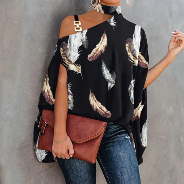 Printed Sexy Slant Neck Loose Top