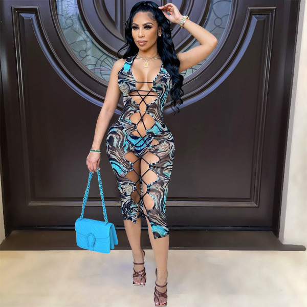 Sexy Women's Mesh Printing Perspective Hollow Out Swimwear Dress Women's Three Piece Set
