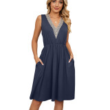 Solid V-neck lace patchwork sleeveless pocket waist up dress
