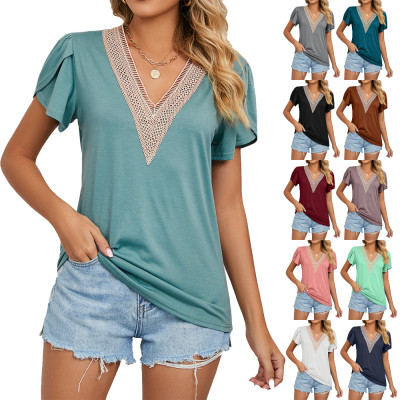 Gold lace V-neck tile short sleeved solid T-shirt top