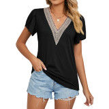 Gold lace V-neck tile short sleeved solid T-shirt top