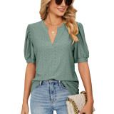 Casual V-neck Solid Hollow Bubble Sleeve Loose T-shirt Top