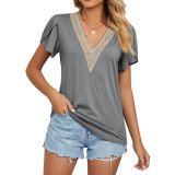 Gold lace V-neck tile short sleeved solid T-shirt top