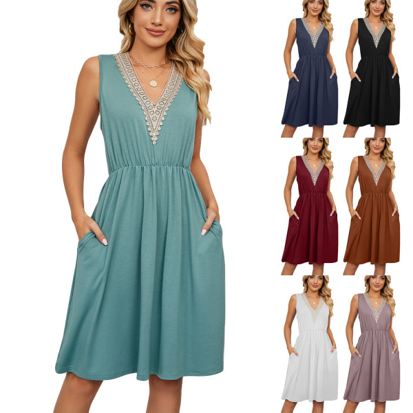 Solid V-neck lace patchwork sleeveless pocket waist up dress