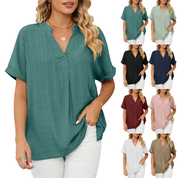 Thin V-neck casual pullover solid loose fitting shirt top