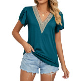 Gold lace V-neck tile short sleeved solid T-shirt top