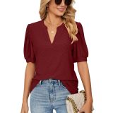 Casual V-neck Solid Hollow Bubble Sleeve Loose T-shirt Top