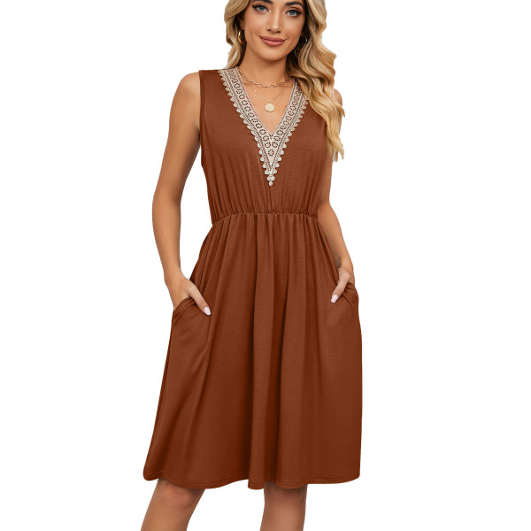 Solid V-neck lace patchwork sleeveless pocket waist up dress