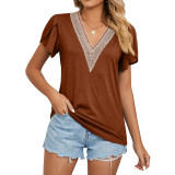 Gold lace V-neck tile short sleeved solid T-shirt top