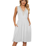 Solid V-neck lace patchwork sleeveless pocket waist up dress