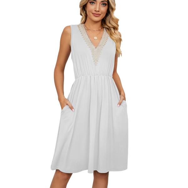 Solid V-neck lace patchwork sleeveless pocket waist up dress