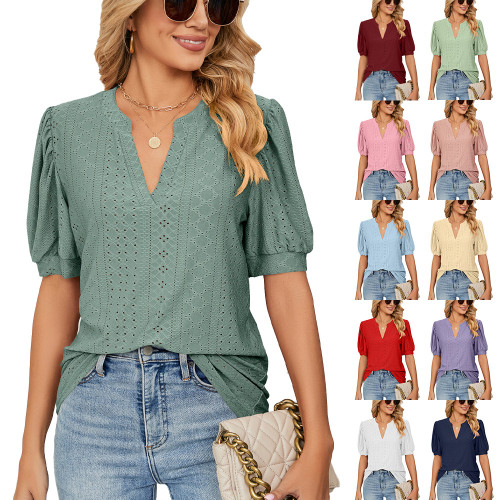 Casual V-neck Solid Hollow Bubble Sleeve Loose T-shirt Top