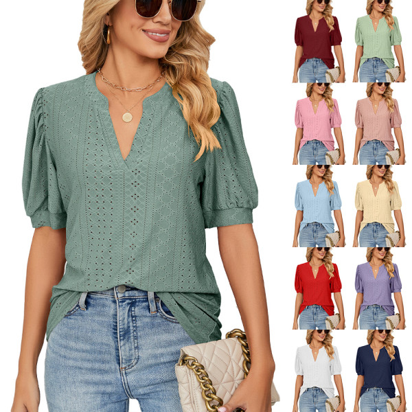 Casual V-neck Solid Hollow Bubble Sleeve Loose T-shirt Top