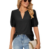 Casual V-neck Solid Hollow Bubble Sleeve Loose T-shirt Top
