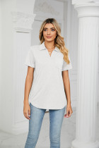 Solid color short sleeved lapel pocket loose T-shirt top for women Solid color short sleeved lapel pocket loose T-shirt top for women