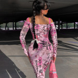 Summer New Women's Chinoiserie Printed Off the neck Slim Slim Dress