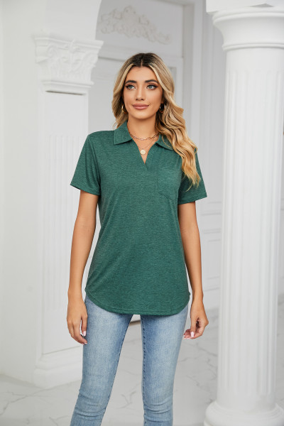 Solid color short sleeved lapel pocket loose T-shirt top for women