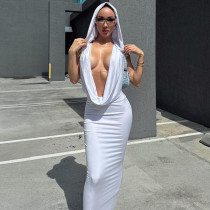 Solid Sleeveless Swinging Neck Hooded Slim Fit Long Dress Fashion Casual Dress