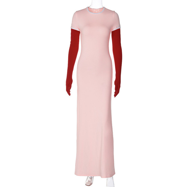 Contrast color patchwork sleeves, round neck long dress, fashionable and elegant dress