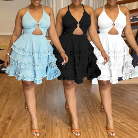 Solid color backless wooden ear lace cross tie dress cake skirt