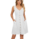 Solid Sleeveless Button Pocket Round Neck Split Waist Dress