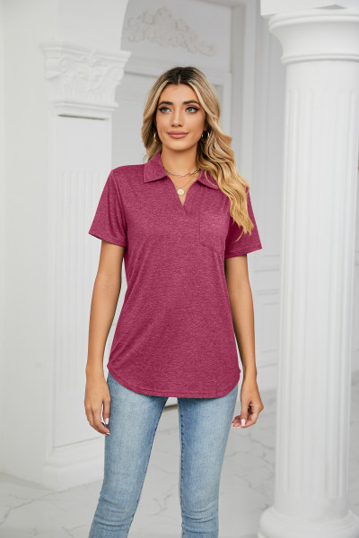 Solid color short sleeved lapel pocket loose T-shirt top for women