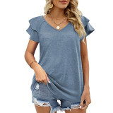 Solid V-neck Double Ruffle Sleeve Loose Top T-shirt