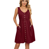 Solid Sleeveless Button Pocket Round Neck Split Waist Dress